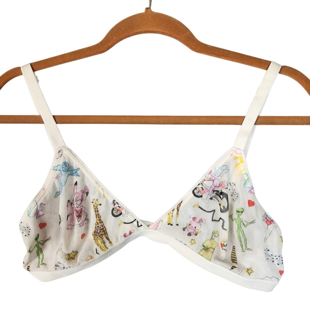 Parade Bralette Size Large White Summer Doodles Novelty Print Sheer Silky Mesh